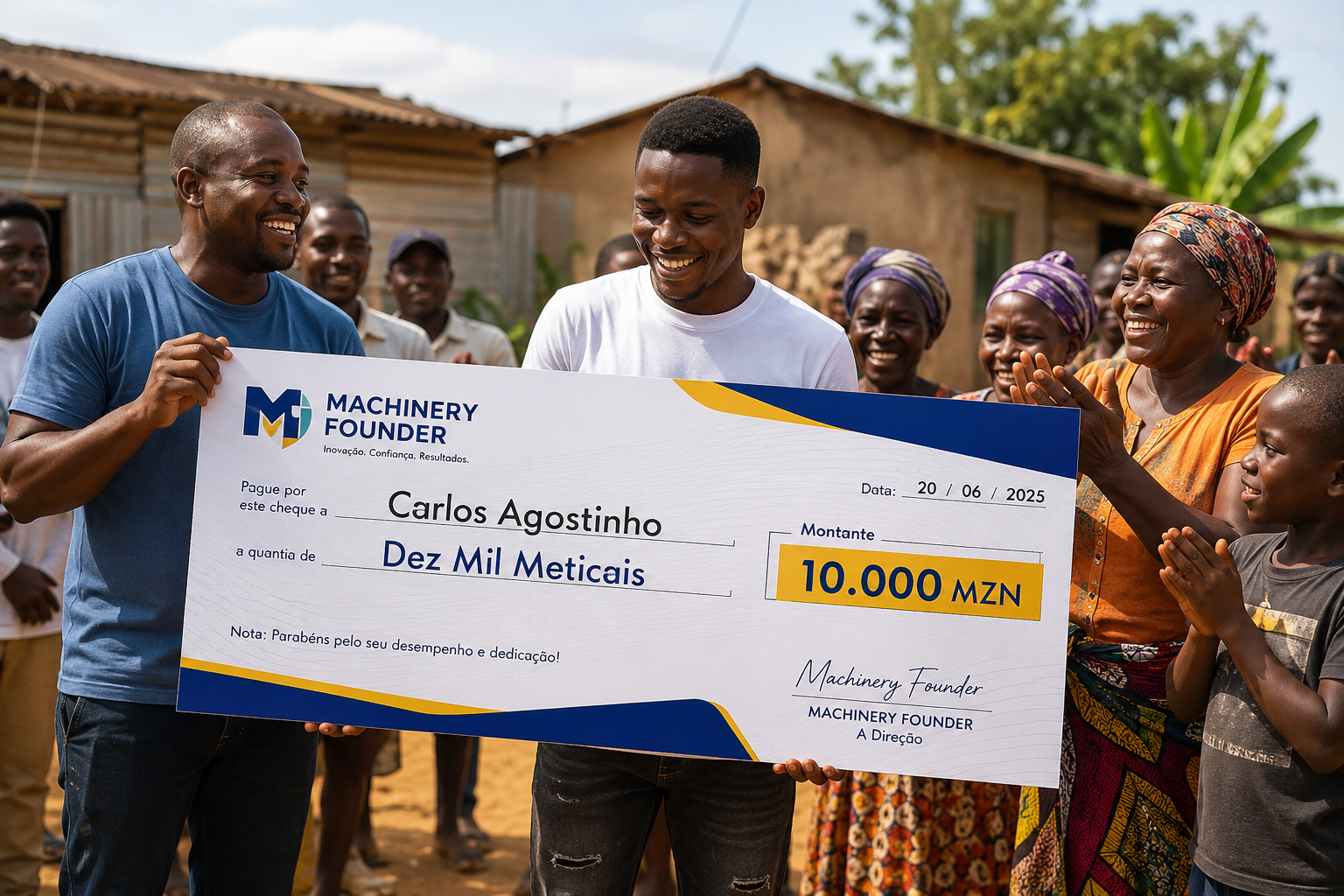 Membro a receber cheque de 10.000 MZN da Machinery Founder